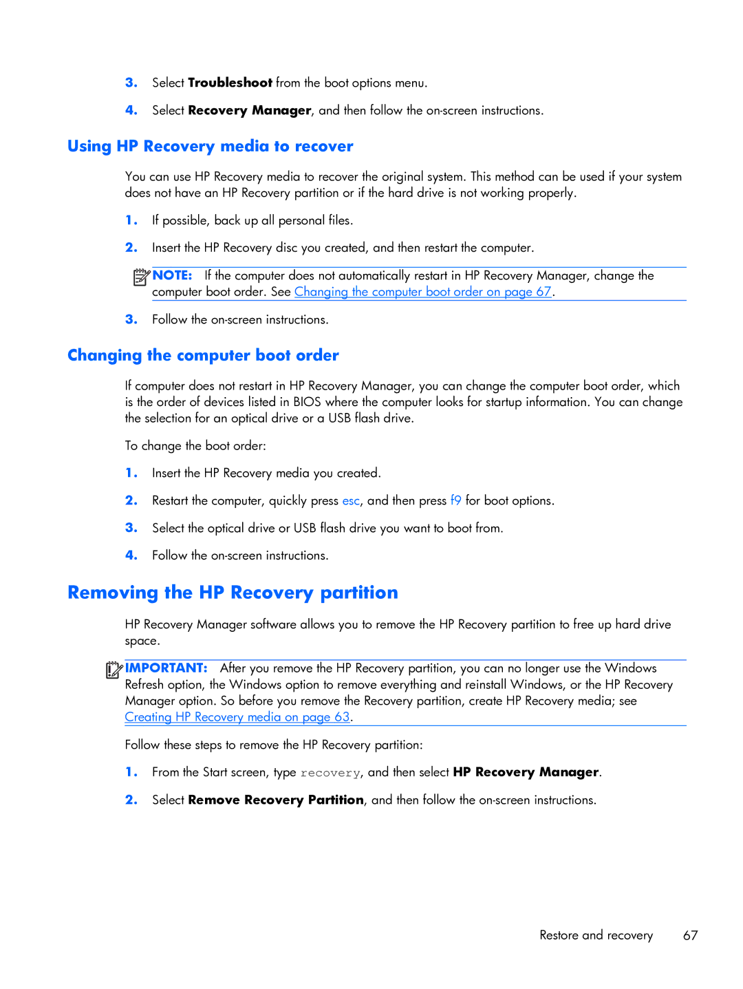 HP 13-3018ca Ultrabook, 13-3001xx Ultrabook manual Removing the HP Recovery partition, Using HP Recovery media to recover 