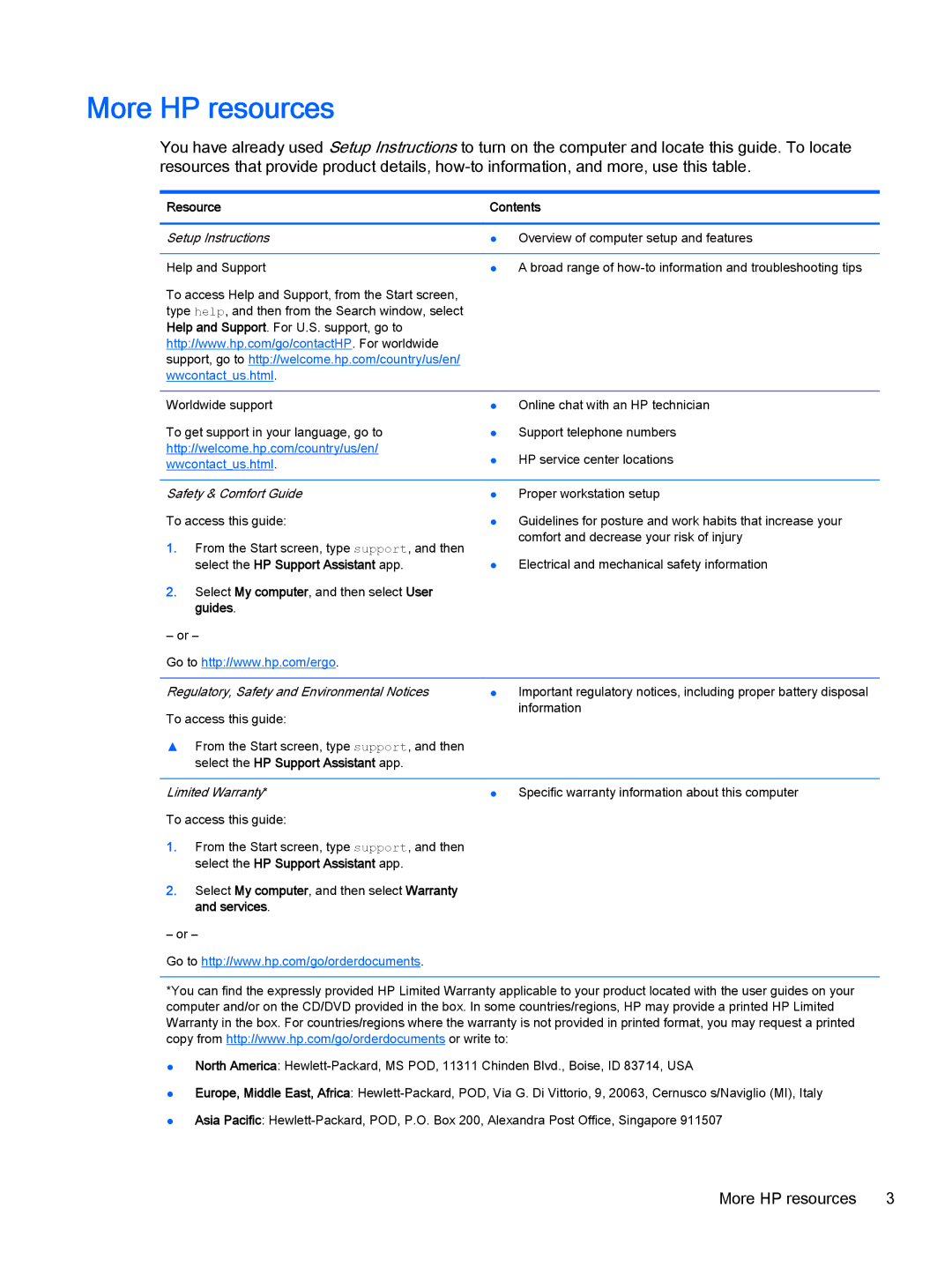 HP 13-a081nr x360, 13-a041ca x360, 13-a040ca x360, 13-a013cl x360, 13-a019wm x360 manual More HP resources, Resource Contents 