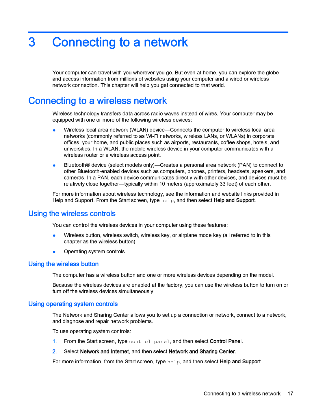 HP 13-a010dx x360, 13-a041ca x360 Connecting to a network, Connecting to a wireless network, Using the wireless controls 