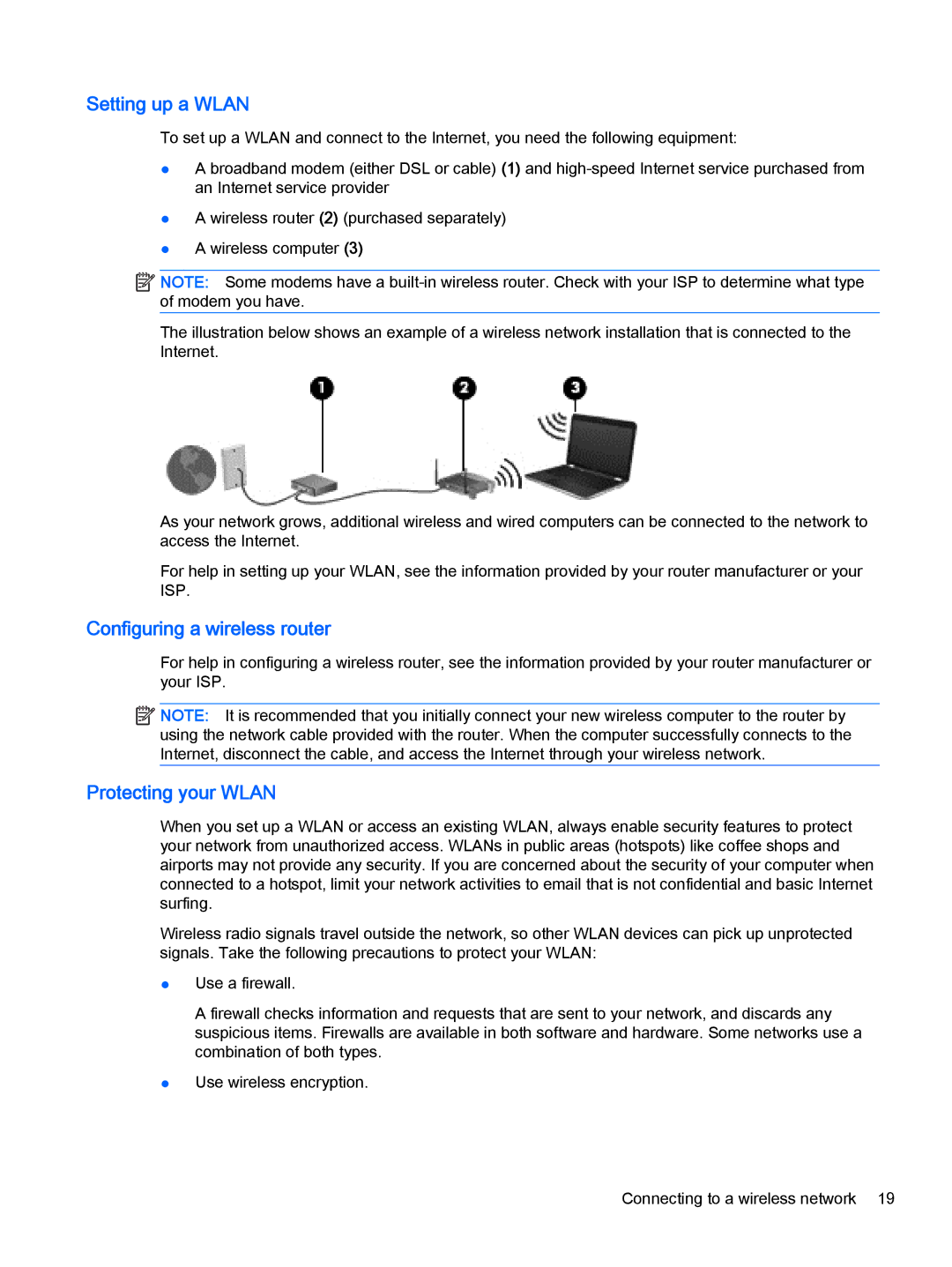 HP 13-a048ca x360, 13-a041ca x360, 13-a040ca x360 Setting up a Wlan, Configuring a wireless router, Protecting your Wlan 