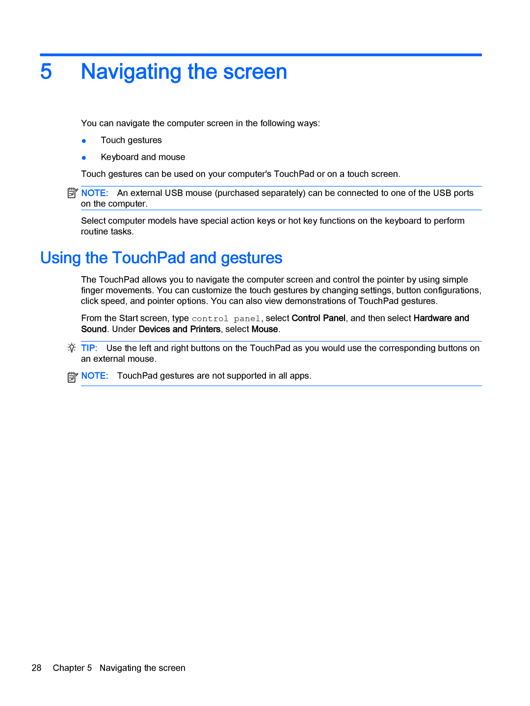 HP 13-a041ca x360, 13-a040ca x360, 13-a013cl x360, 13-a019wm x360 Navigating the screen, Using the TouchPad and gestures 