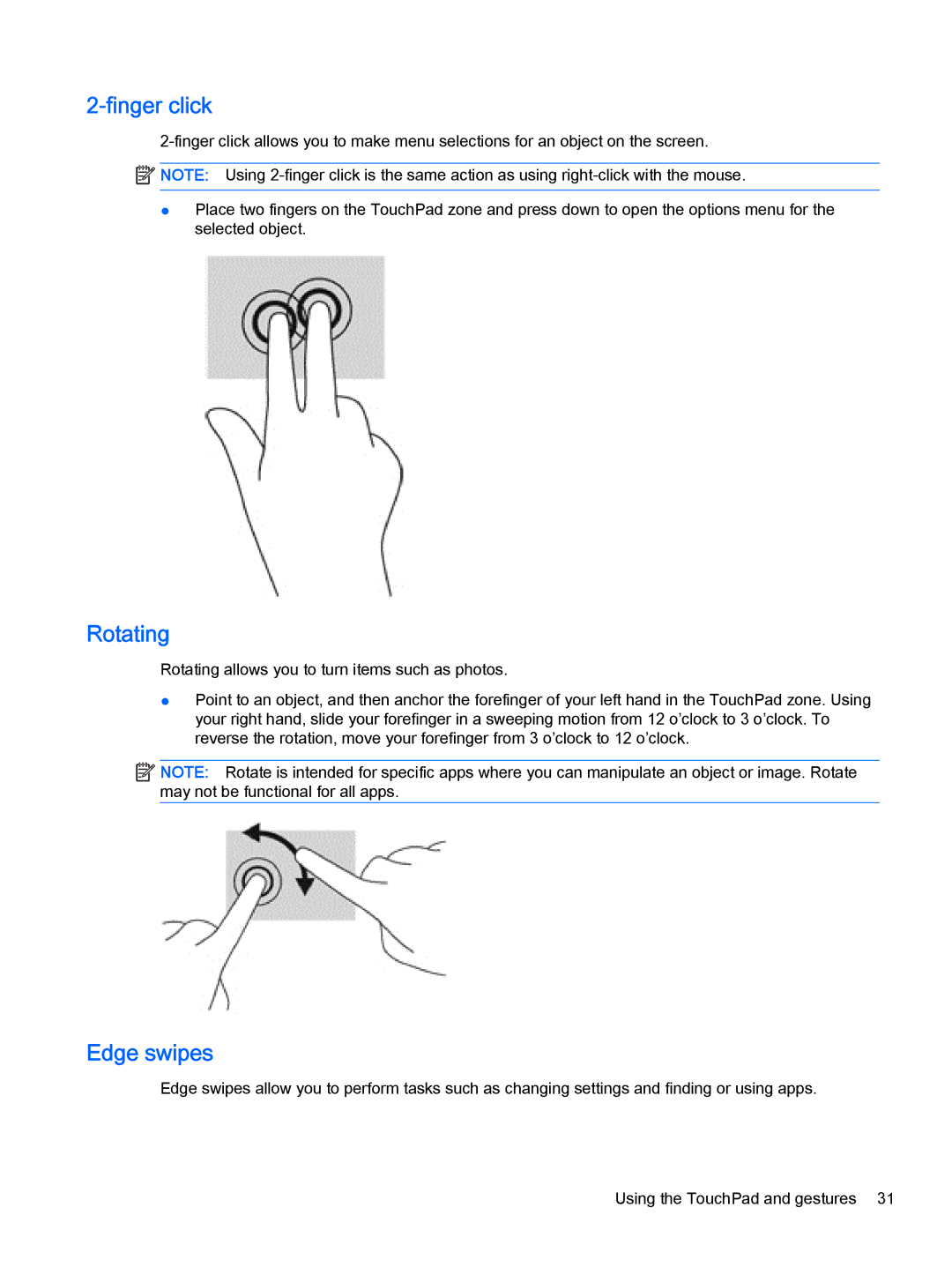 HP 13-a019wm x360, 13-a041ca x360, 13-a040ca x360, 13-a013cl x360, 13-a012dx x360 manual Finger click, Rotating, Edge swipes 