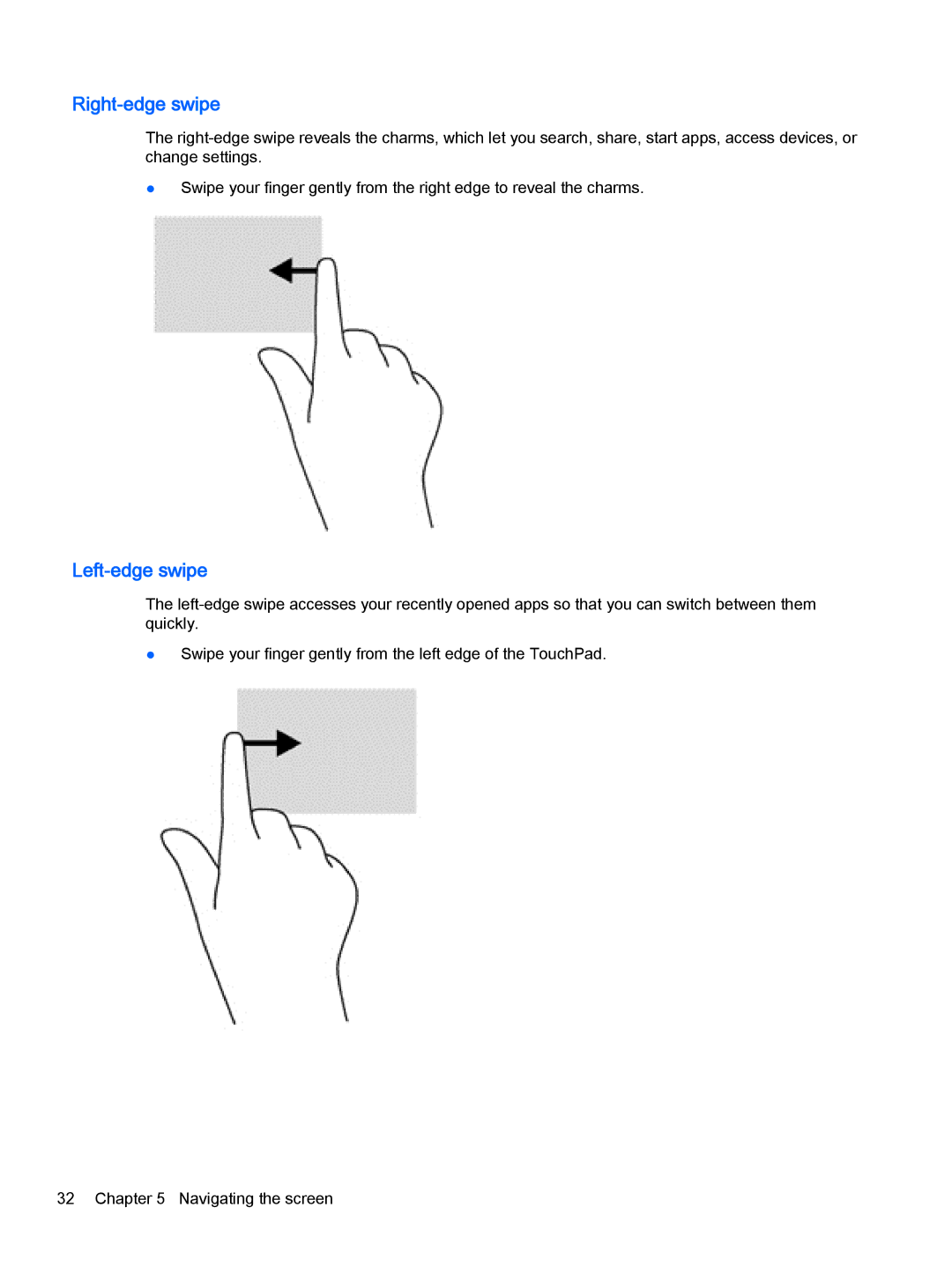 HP 13-a012dx x360, 13-a041ca x360, 13-a040ca x360, 13-a013cl x360, 13-a019wm x360 manual Right-edge swipe, Left-edge swipe 