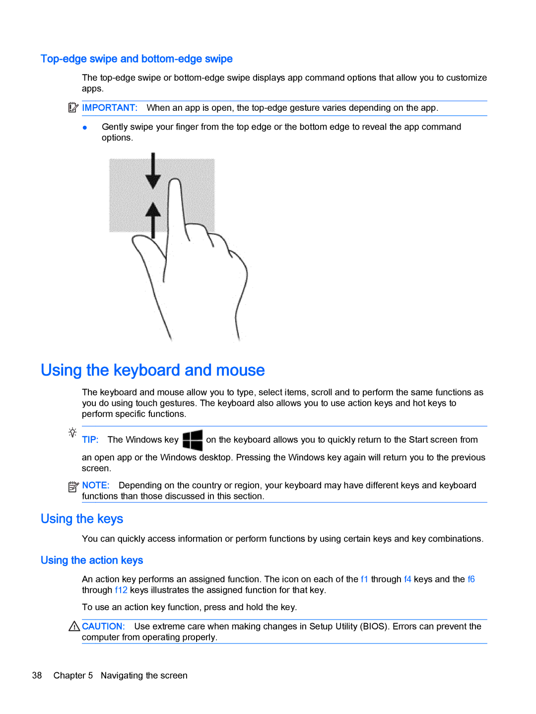 HP 13-a050ca x360, 13-a041ca x360 manual Using the keyboard and mouse, Using the keys, Top-edge swipe and bottom-edge swipe 