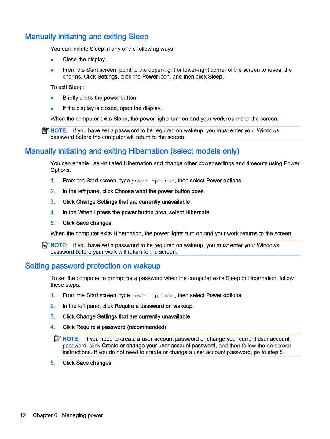 HP 13-a072nr x360, 13-a041ca x360 manual Manually initiating and exiting Sleep, Setting password protection on wakeup 