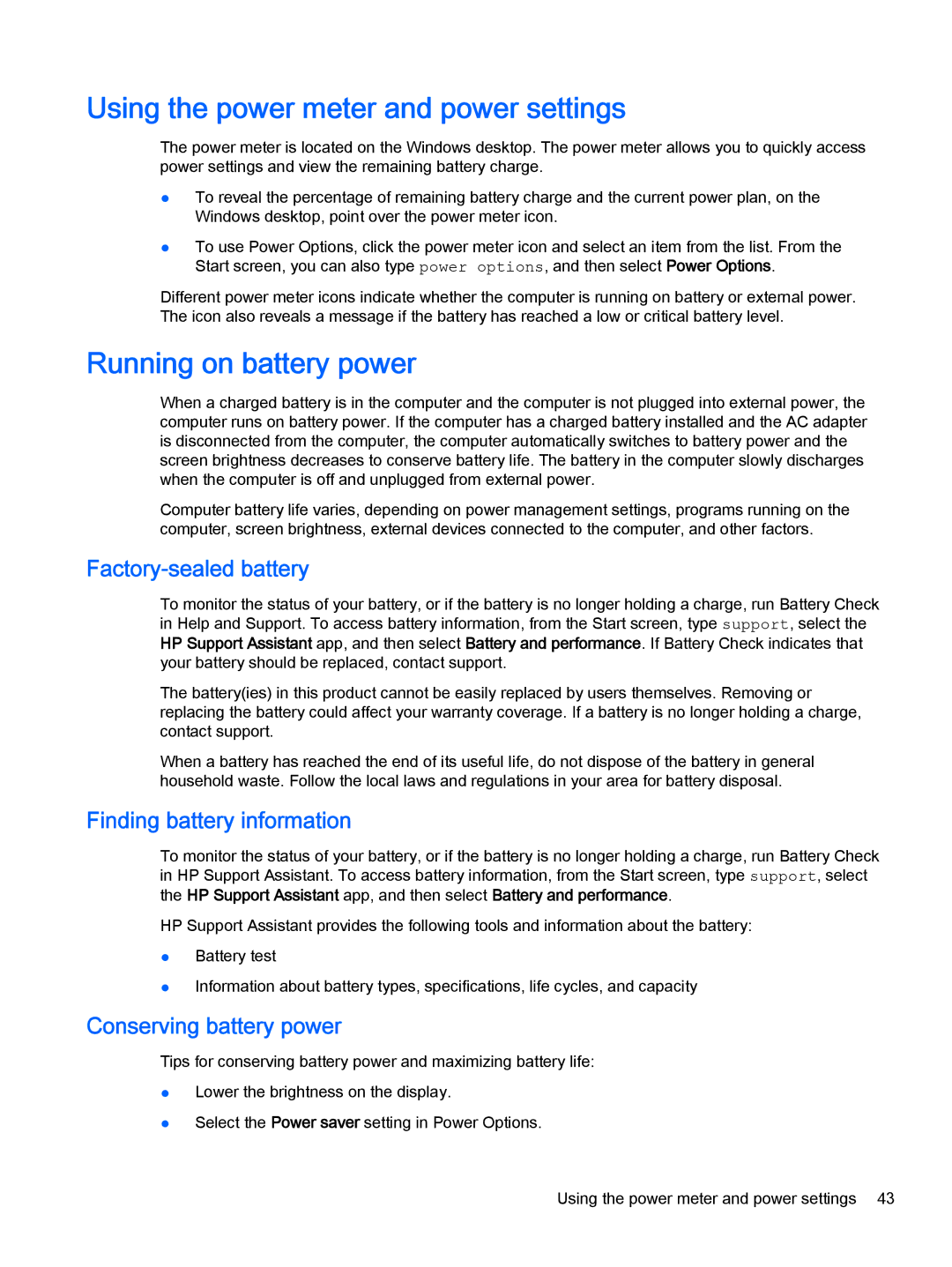 HP 13-a058ca x360 manual Using the power meter and power settings, Running on battery power, Factory-sealed battery 