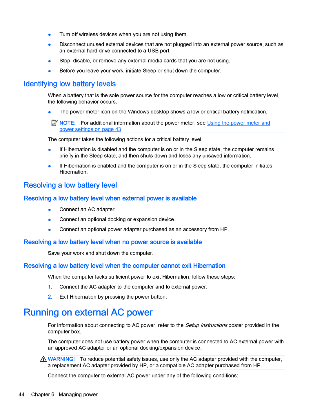 HP 13-a051xx x360 manual Running on external AC power, Identifying low battery levels, Resolving a low battery level 