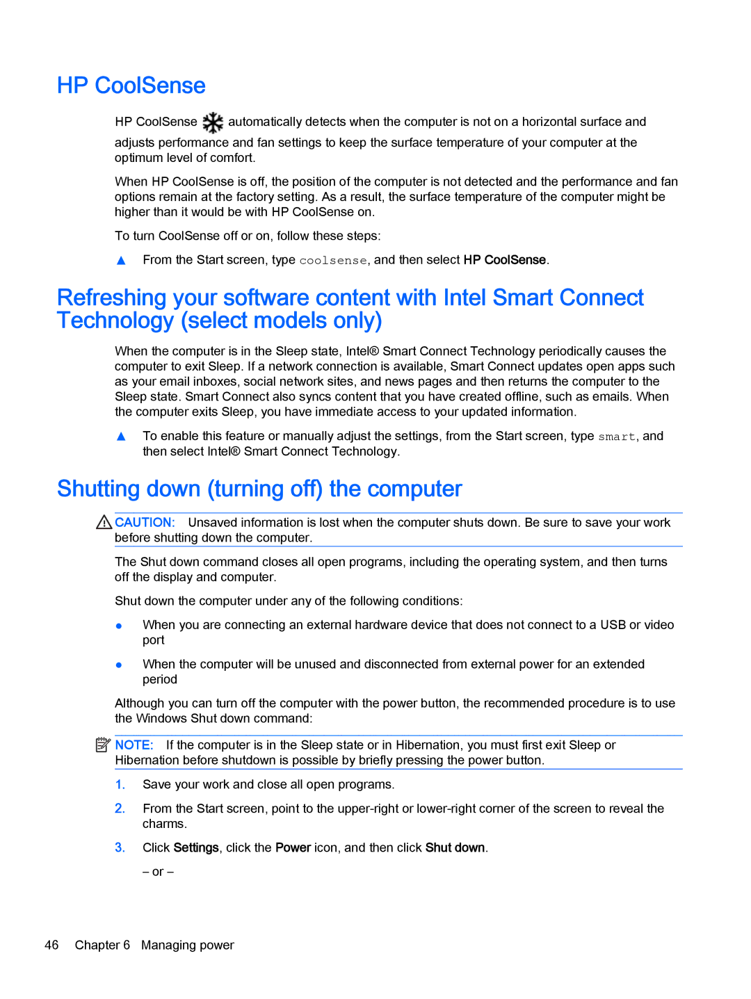 HP 13-a041ca x360, 13-a040ca x360, 13-a013cl x360, 13-a019wm x360 manual HP CoolSense, Shutting down turning off the computer 