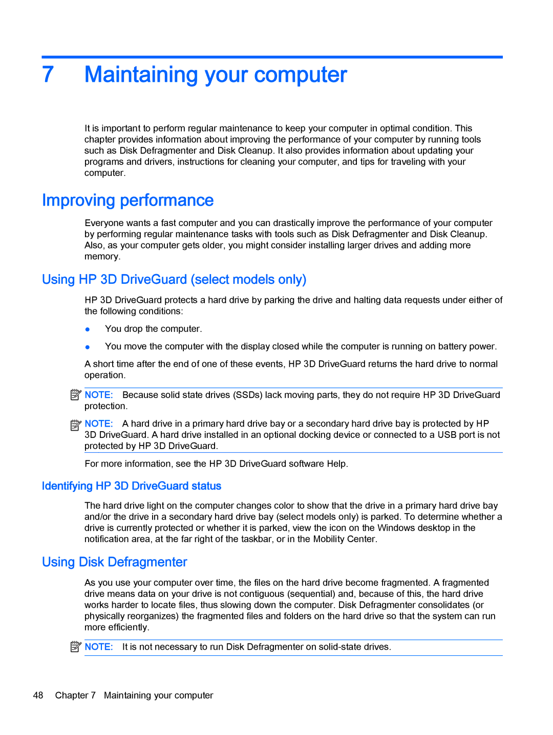 HP 13-a013cl x360 manual Maintaining your computer, Improving performance, Using HP 3D DriveGuard select models only 