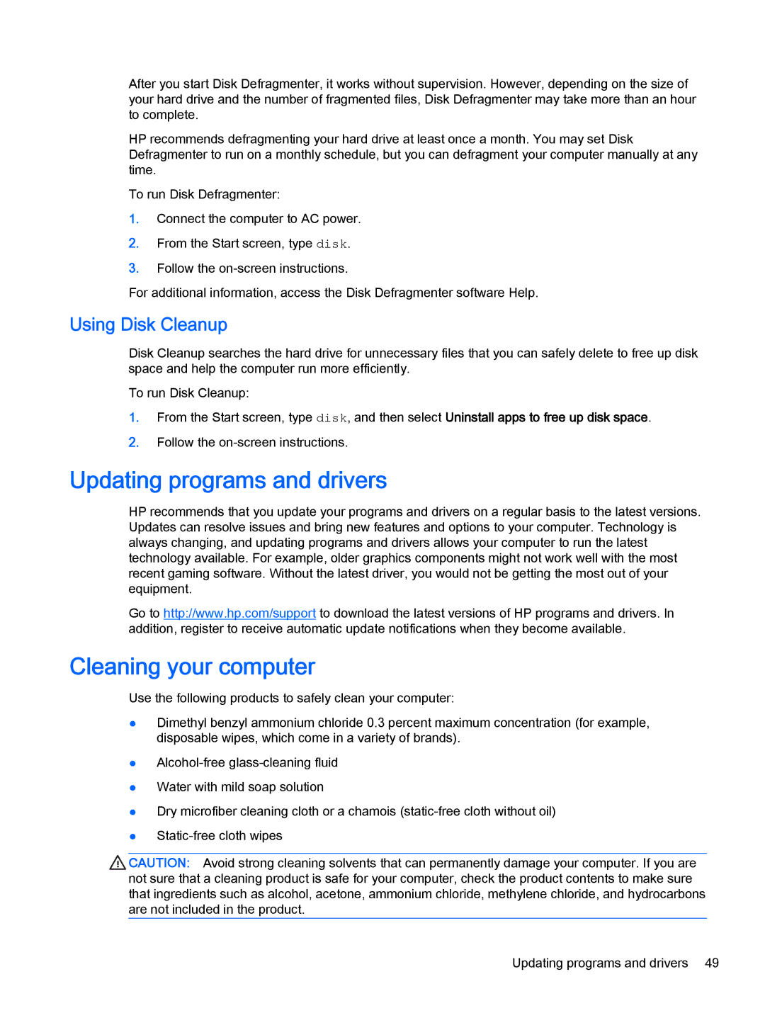 HP 13-a019wm x360, 13-a041ca x360, 13-a040ca x360 Updating programs and drivers, Cleaning your computer, Using Disk Cleanup 