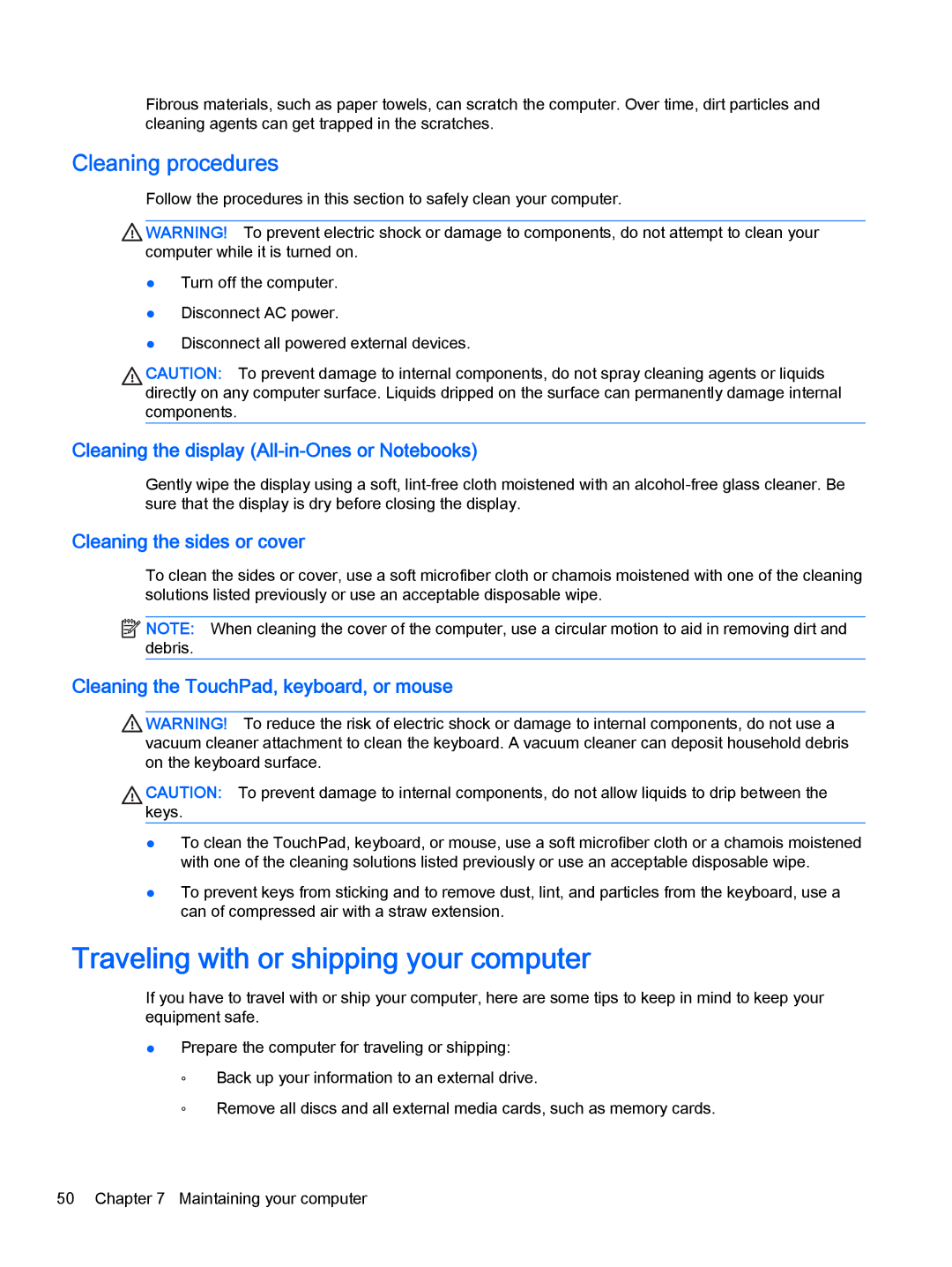 HP 13-a012dx x360 manual Traveling with or shipping your computer, Cleaning procedures, Cleaning the sides or cover 