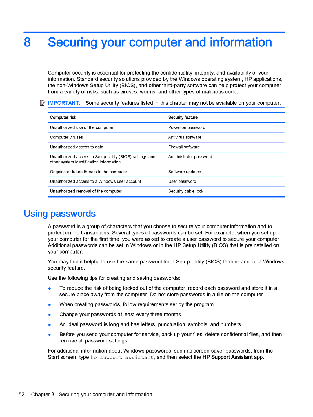 HP 13-a012cl x360, 13-a041ca x360 Securing your computer and information, Using passwords, Computer risk Security feature 