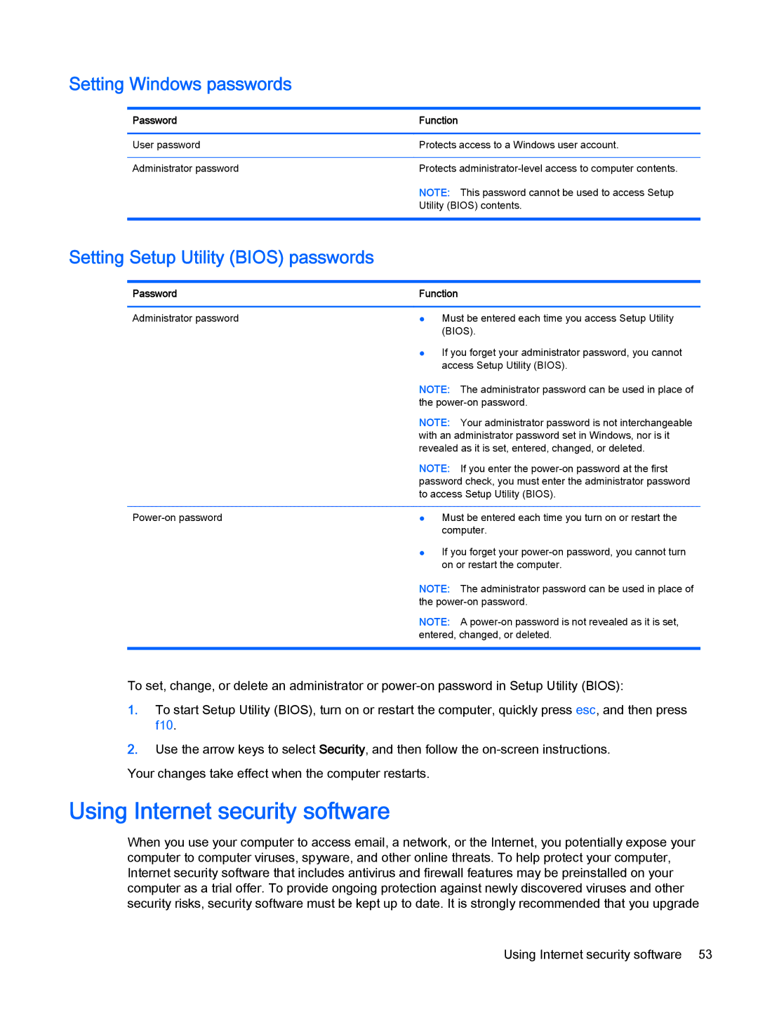 HP 13-a010dx x360 manual Using Internet security software, Setting Windows passwords, Setting Setup Utility Bios passwords 