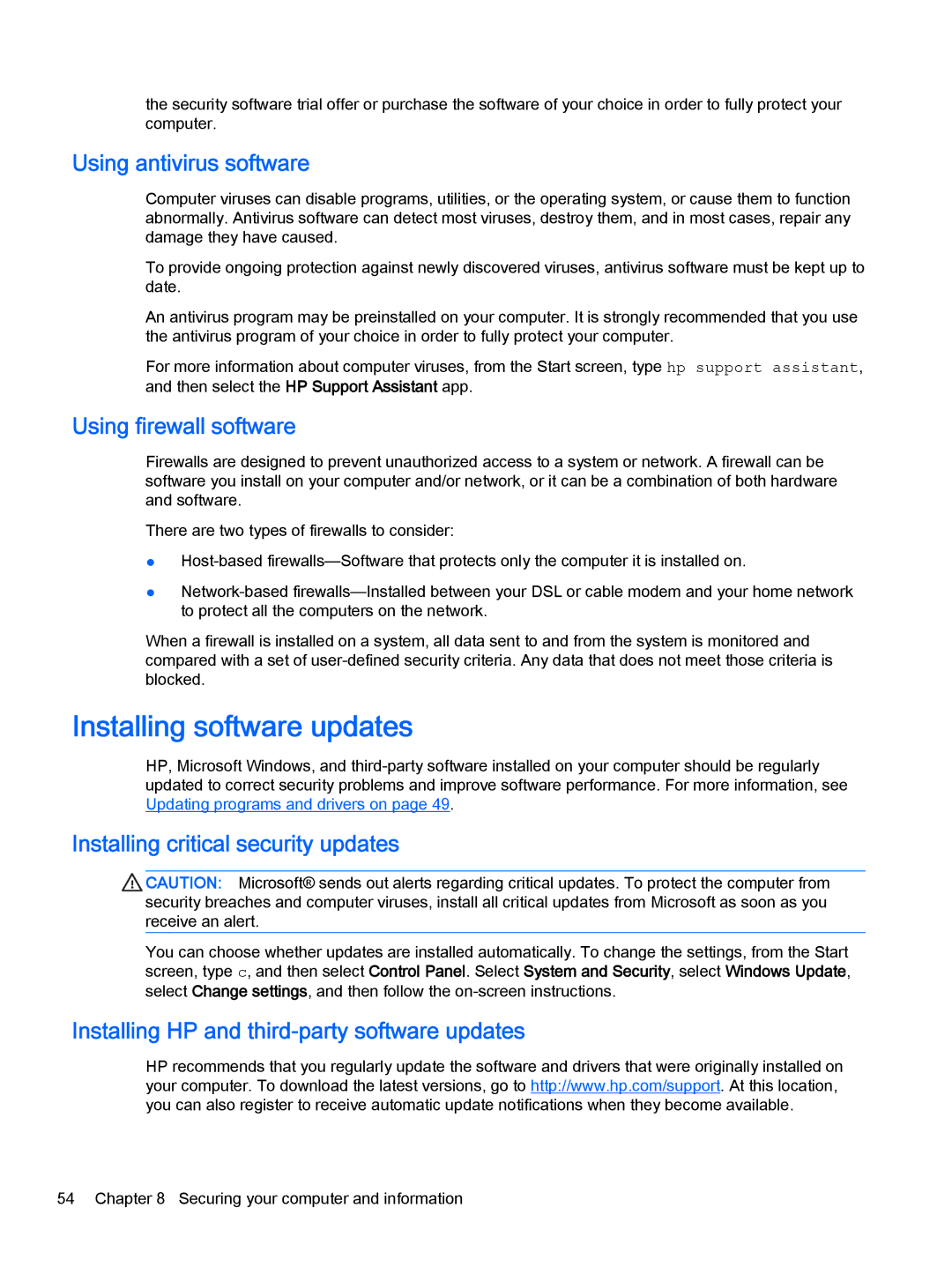 HP 13-a001xx x360, 13-a041ca x360 manual Installing software updates, Using antivirus software, Using firewall software 