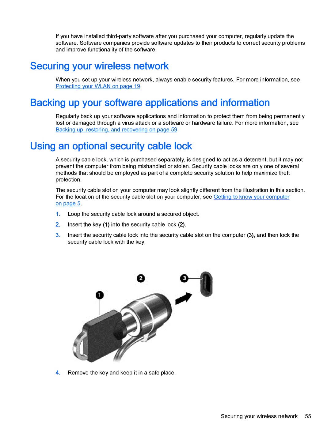 HP 13-a048ca x360, 13-a041ca x360 Securing your wireless network, Backing up your software applications and information 