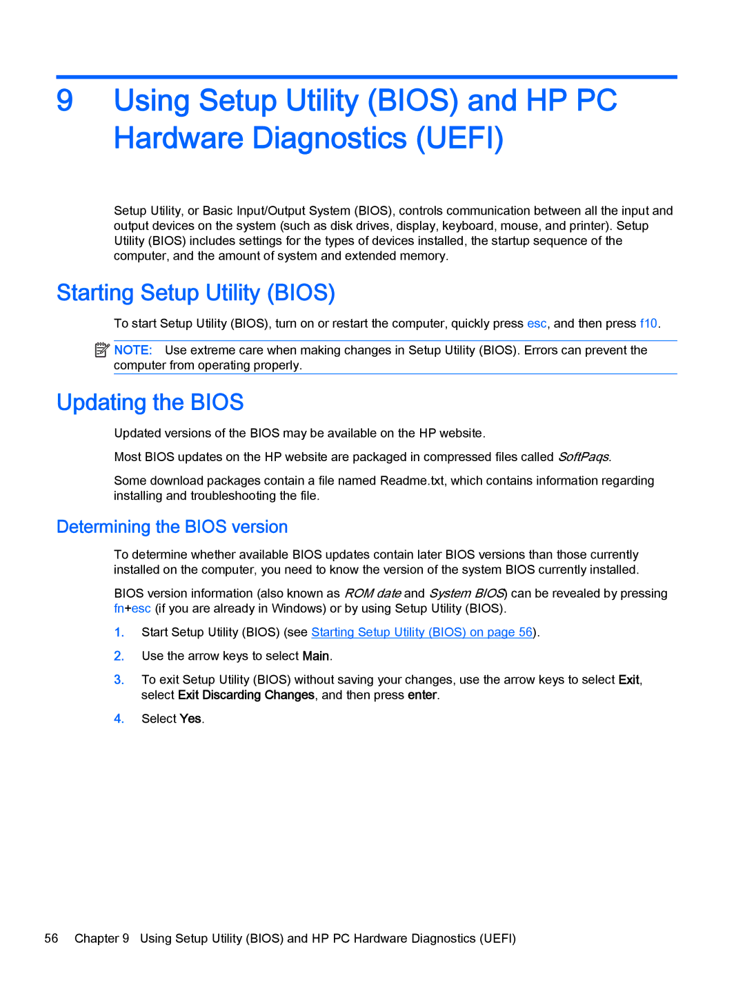 HP 13-a050ca x360, 13-a041ca x360 manual Starting Setup Utility Bios, Updating the Bios, Determining the Bios version 