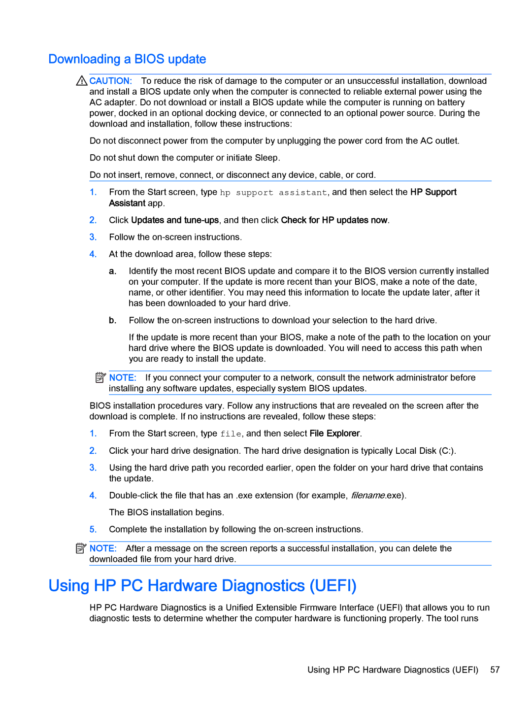 HP 13-a081nr x360, 13-a041ca x360, 13-a040ca x360 manual Using HP PC Hardware Diagnostics Uefi, Downloading a Bios update 