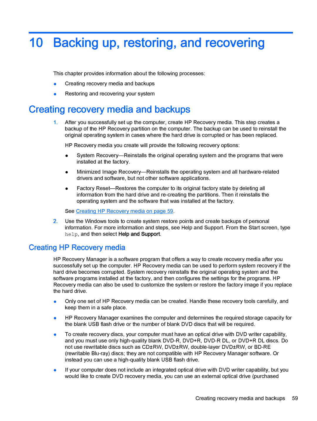 HP 13z-a000 x360 Backing up, restoring, and recovering, Creating recovery media and backups, Creating HP Recovery media 