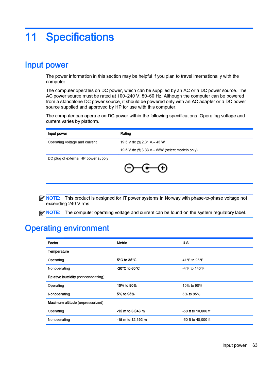 HP 13-a091nr x360, 13-a041ca x360, 13-a040ca x360, 13-a013cl x360 manual Specifications, Input power, Operating environment 