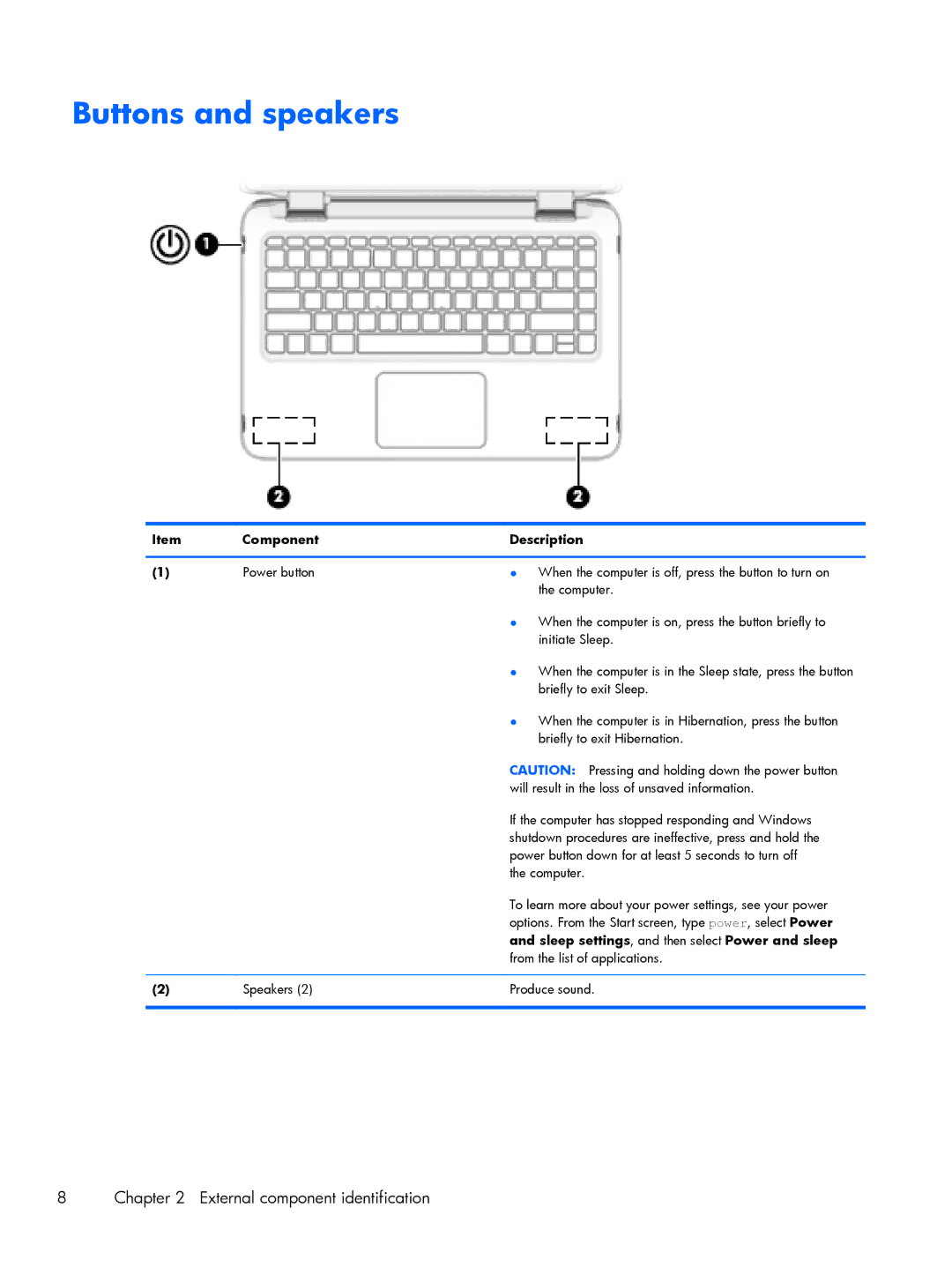 HP 13-a051xx x360, 13-a041ca x360, 13-a040ca x360 Buttons and speakers, Sleep settings , and then select Power and sleep 