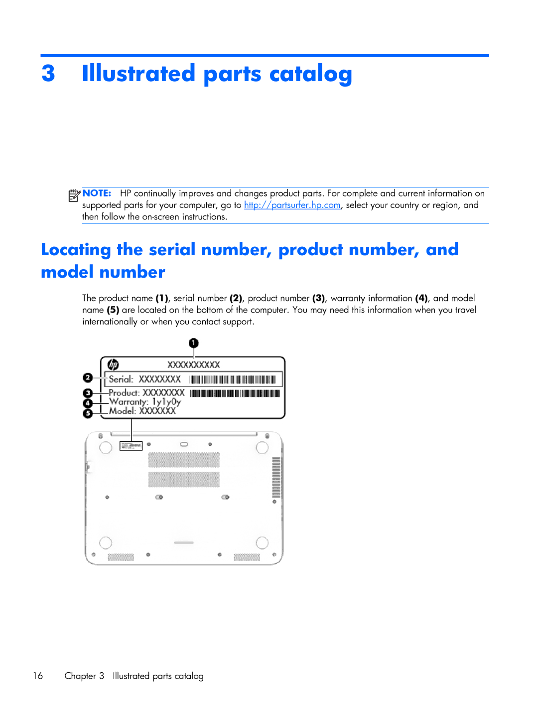 HP 13-a010nr x360, 13-a041ca x360 Illustrated parts catalog, Locating the serial number, product number, and model number 