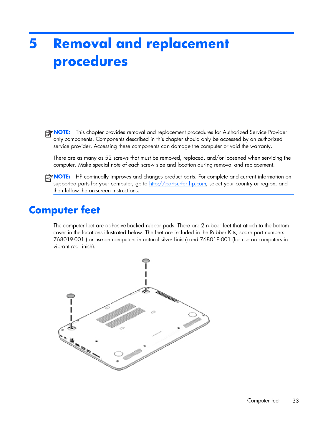 HP 13-a021nr x360, 13-a041ca x360, 13-a040ca x360, 13-a013cl x360 manual Removal and replacement procedures, Computer feet 