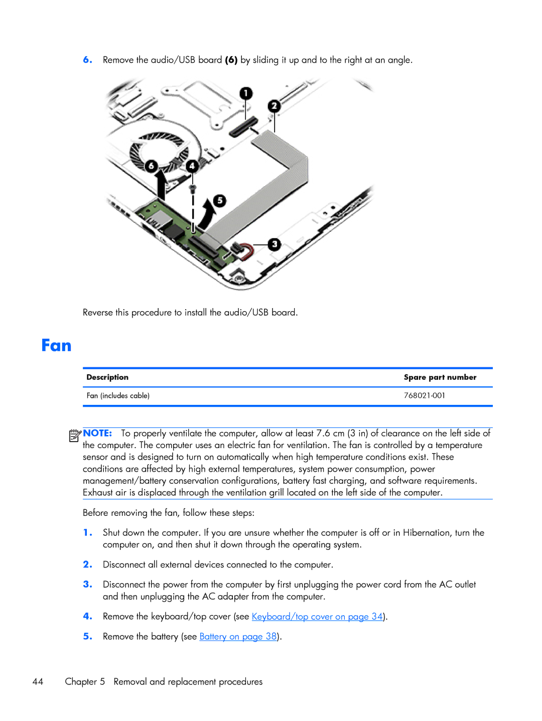 HP 13-a051xx x360, 13-a041ca x360, 13-a040ca x360 manual Description Spare part number Fan includes cable 768021-001 