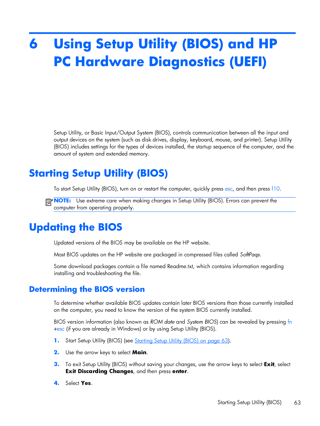 HP 13-a091nr x360, 13-a041ca x360 manual Starting Setup Utility Bios, Updating the Bios, Determining the Bios version 