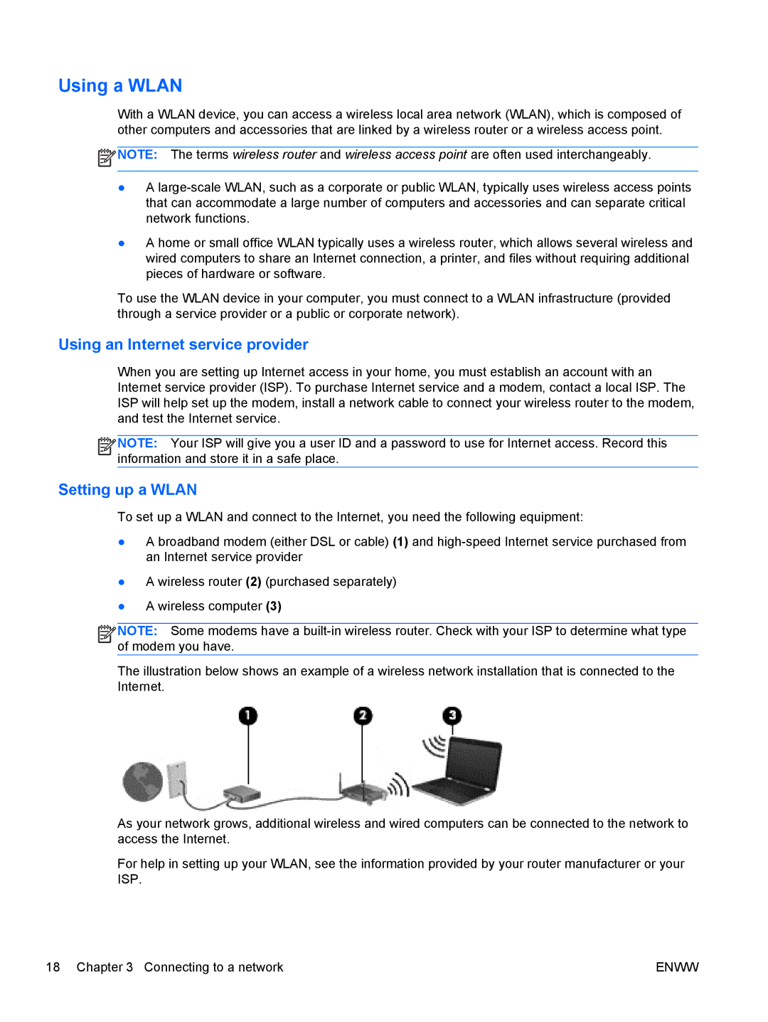 HP 13 x2 Pro manual Using a Wlan, Using an Internet service provider, Setting up a Wlan 