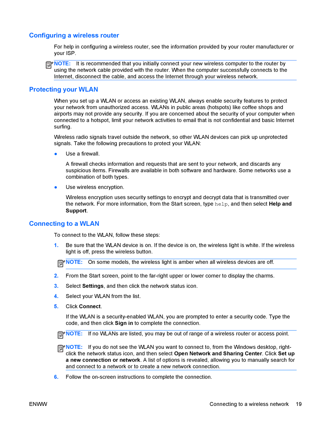 HP 13 x2 Pro manual Configuring a wireless router, Protecting your Wlan, Connecting to a Wlan 