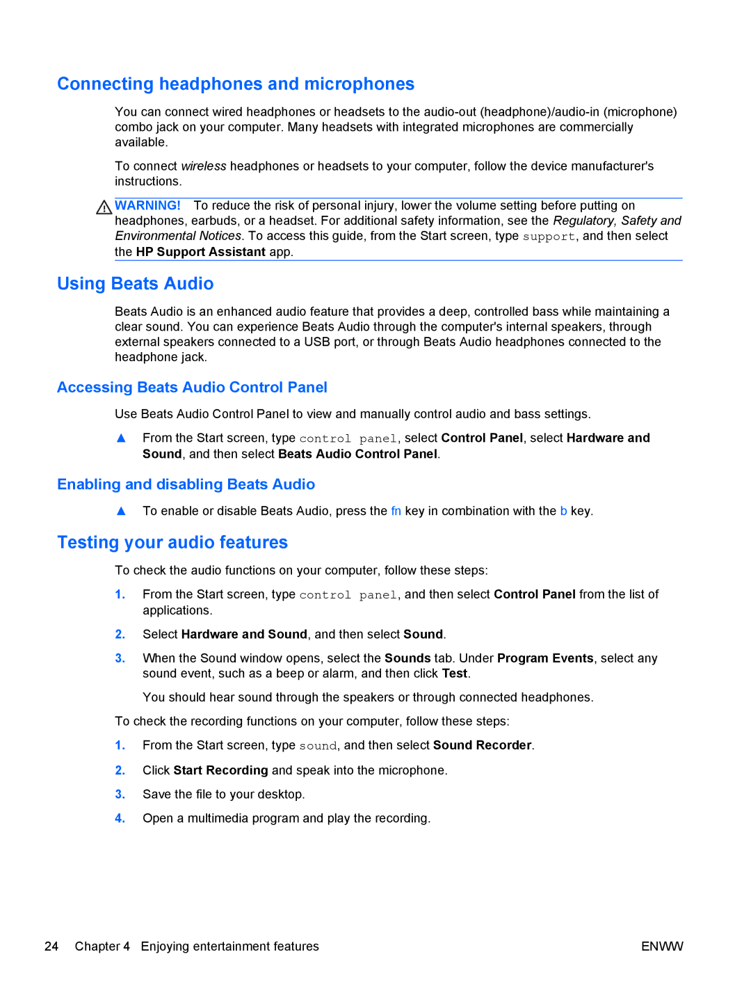 HP 13 x2 Pro manual Connecting headphones and microphones, Using Beats Audio, Testing your audio features 