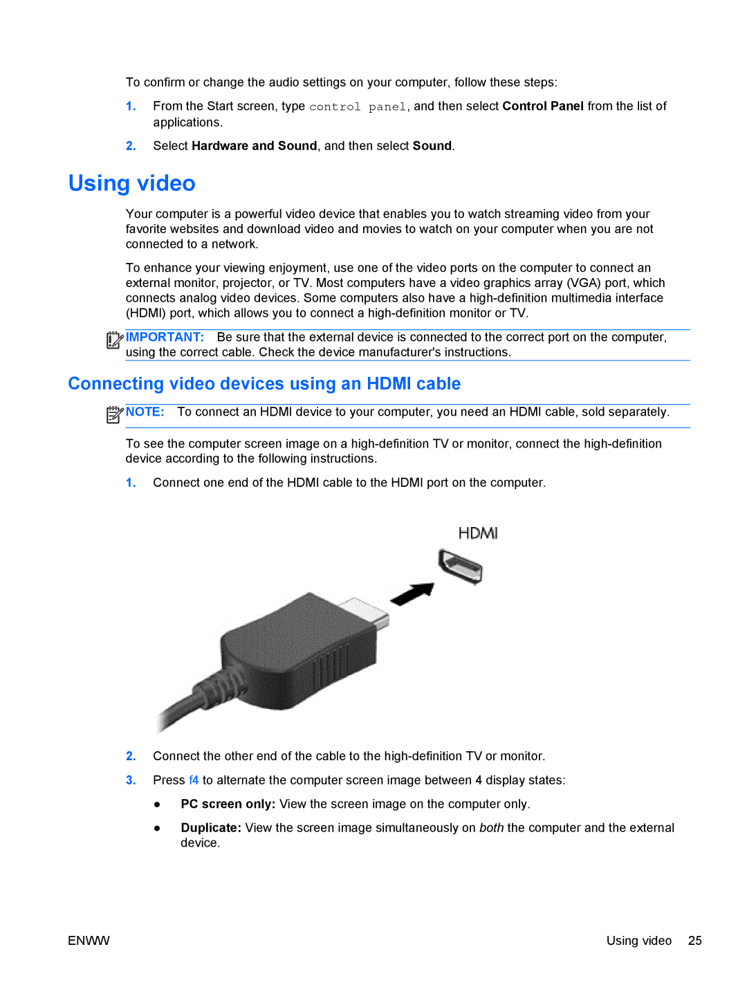 HP 13 x2 Pro manual Using video, Connecting video devices using an Hdmi cable 