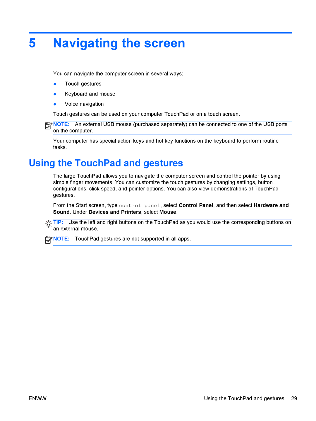 HP 13 x2 Pro manual Navigating the screen, Using the TouchPad and gestures 