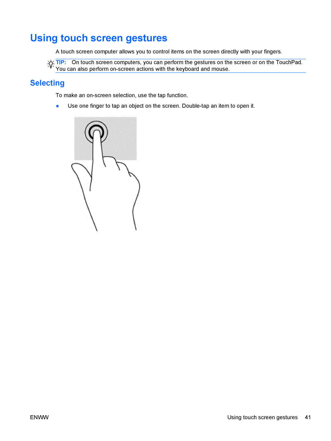 HP 13 x2 Pro manual Using touch screen gestures, Selecting 