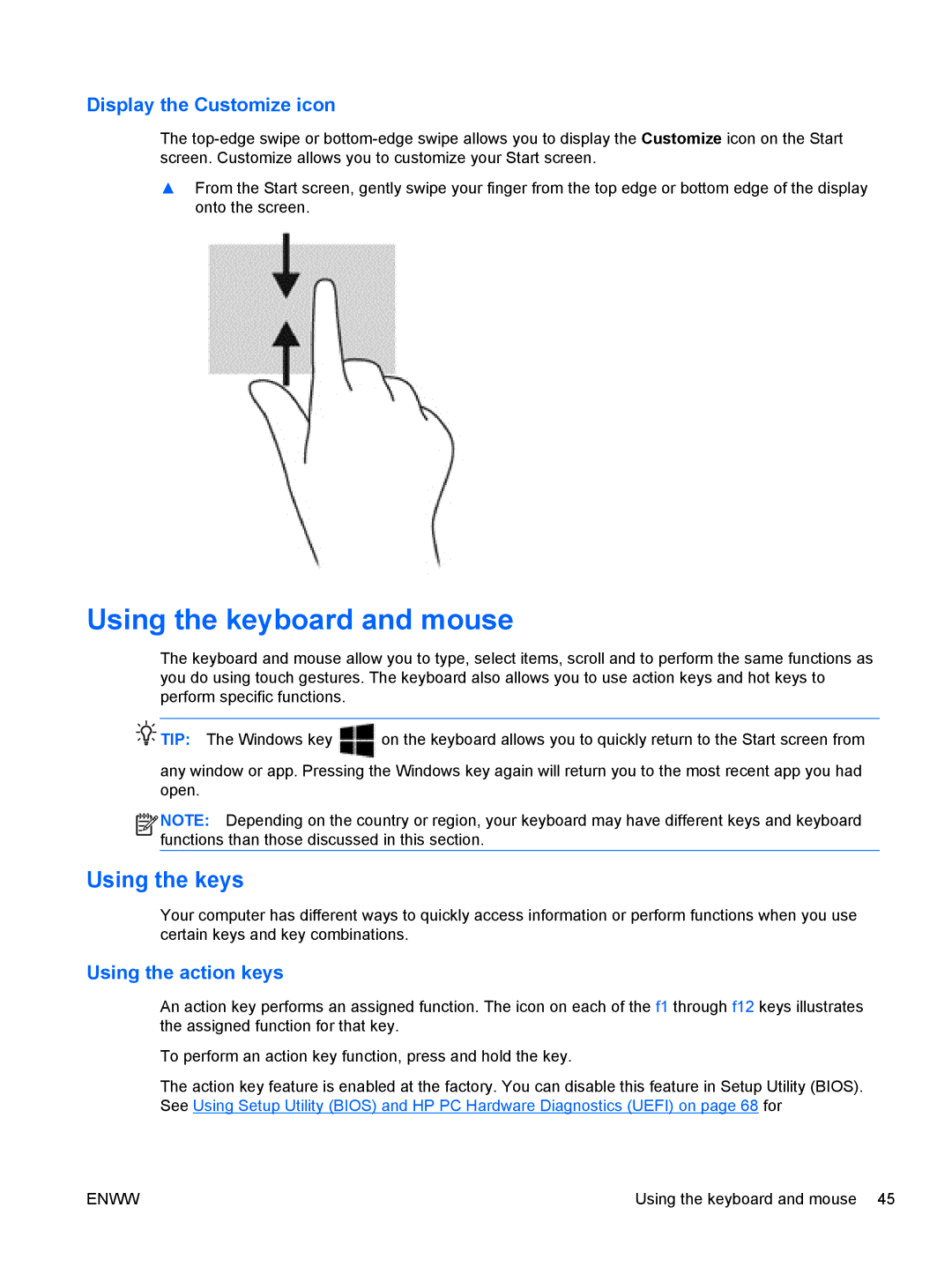 HP 13 x2 Pro manual Using the keyboard and mouse, Using the keys, Using the action keys 