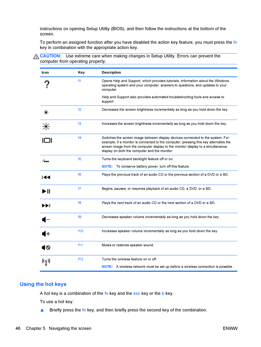 HP 13 x2 Pro manual Using the hot keys, Icon Key Description 