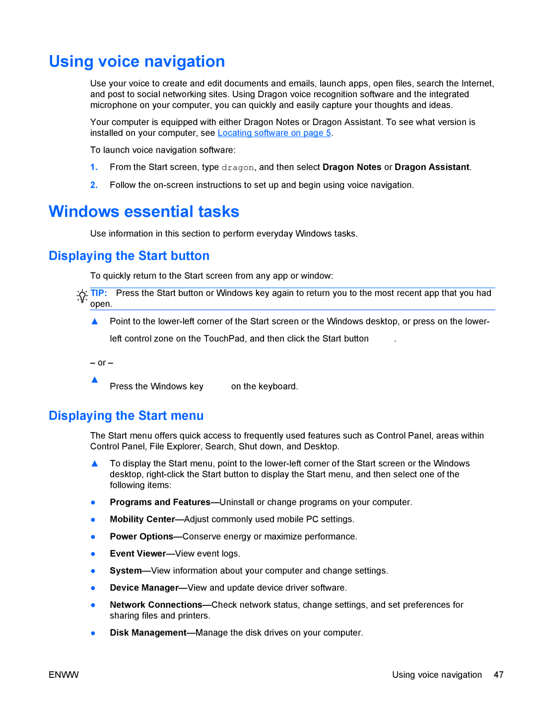 HP 13 x2 Pro manual Using voice navigation, Windows essential tasks, Displaying the Start button, Displaying the Start menu 