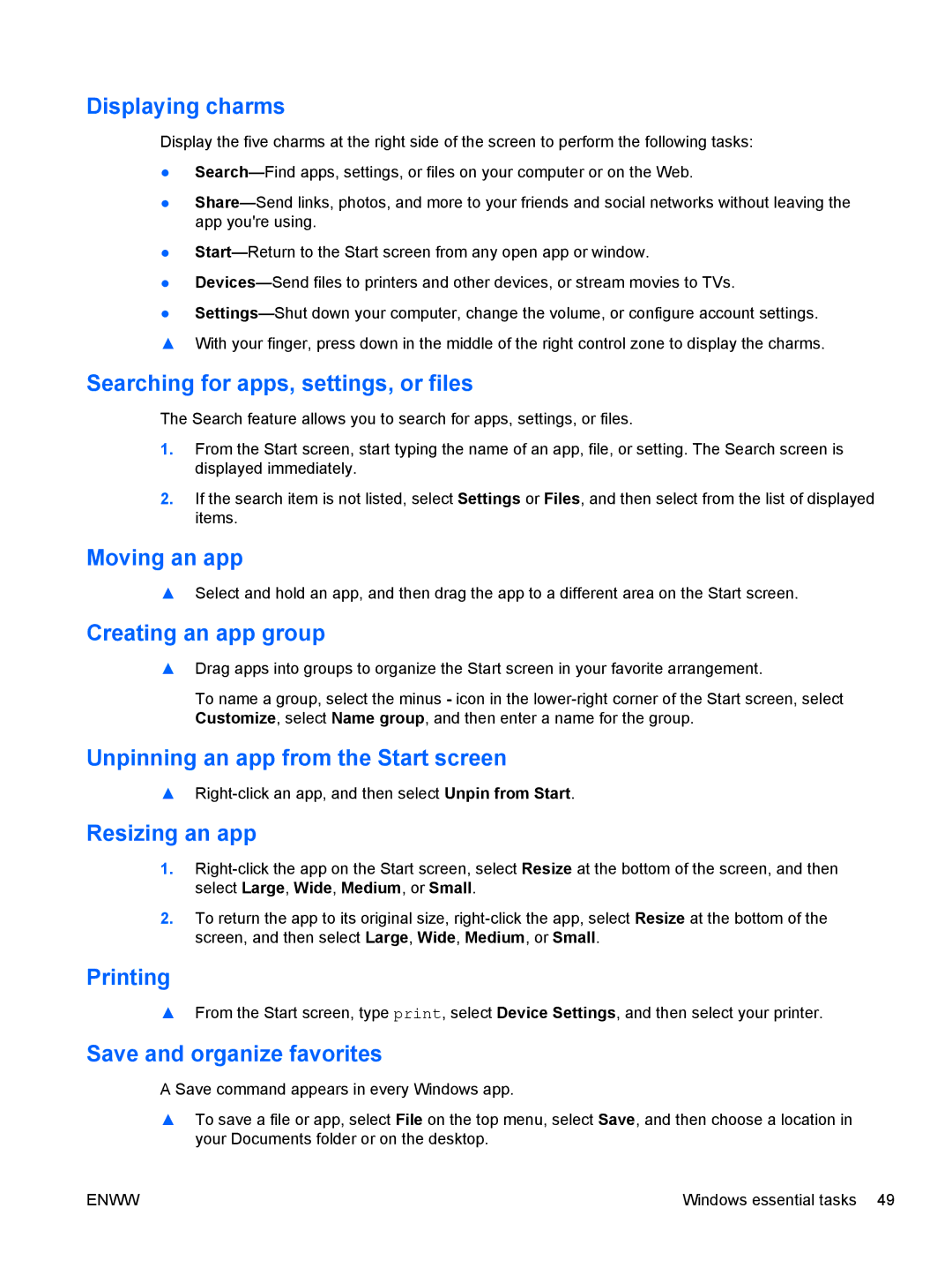HP 13 x2 Pro Displaying charms, Searching for apps, settings, or files, Moving an app, Creating an app group, Printing 