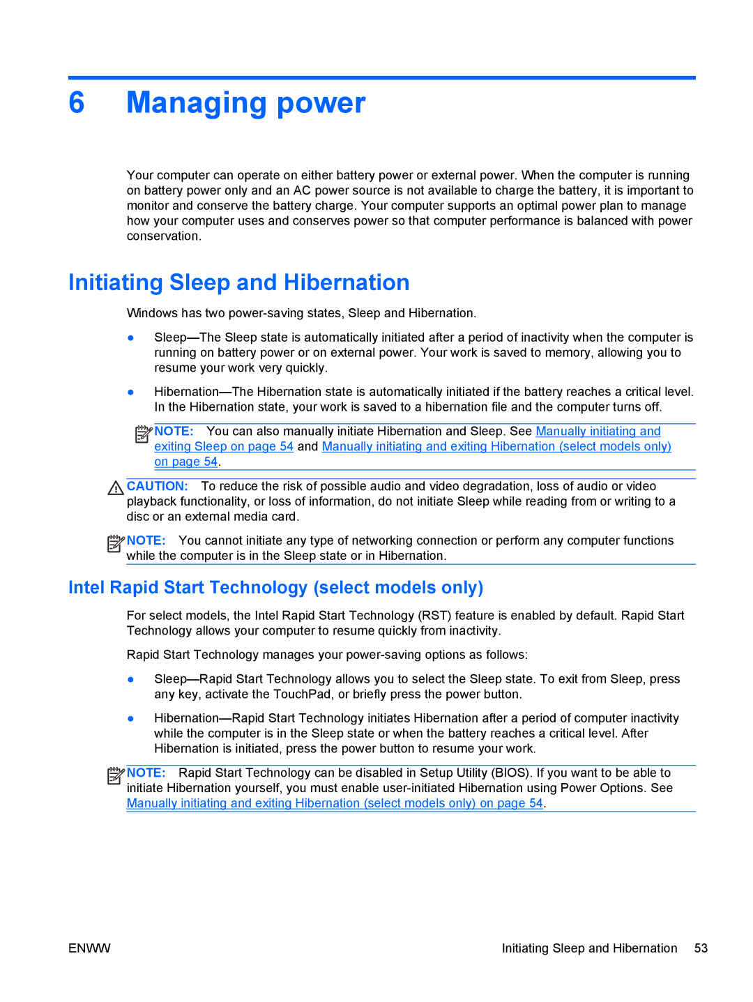 HP 13 x2 Pro manual Managing power, Initiating Sleep and Hibernation, Intel Rapid Start Technology select models only 