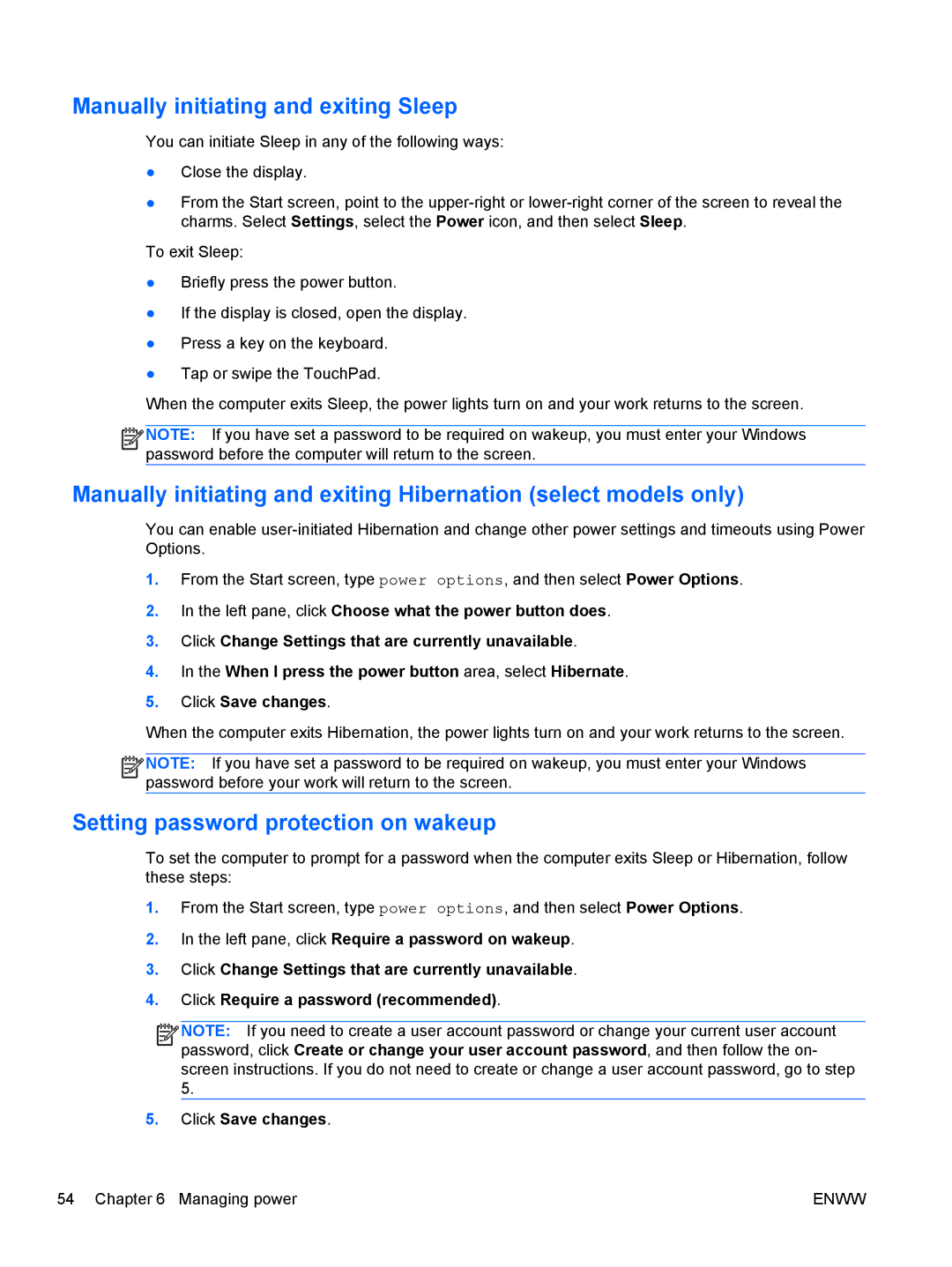 HP 13 x2 Pro manual Manually initiating and exiting Sleep, Setting password protection on wakeup 