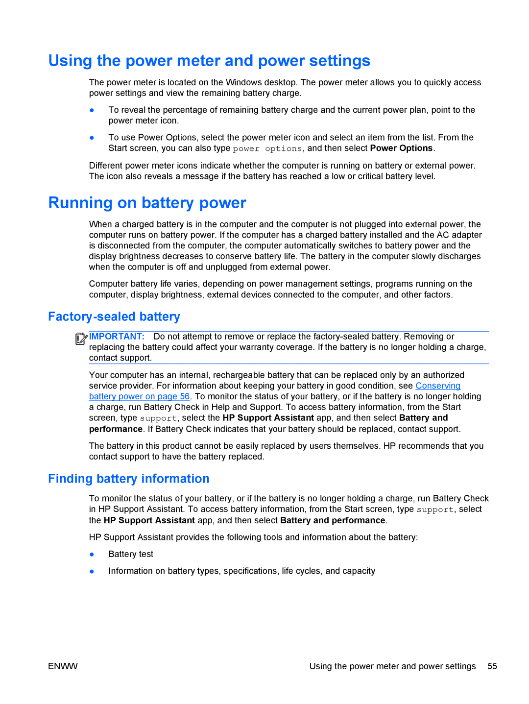 HP 13 x2 Pro manual Using the power meter and power settings, Running on battery power, Factory-sealed battery 