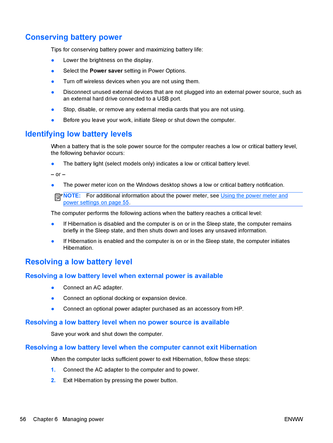 HP 13 x2 Pro manual Conserving battery power, Identifying low battery levels, Resolving a low battery level 