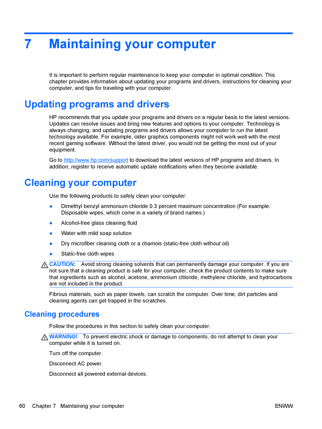 HP 13 x2 Pro manual Maintaining your computer, Updating programs and drivers, Cleaning your computer, Cleaning procedures 