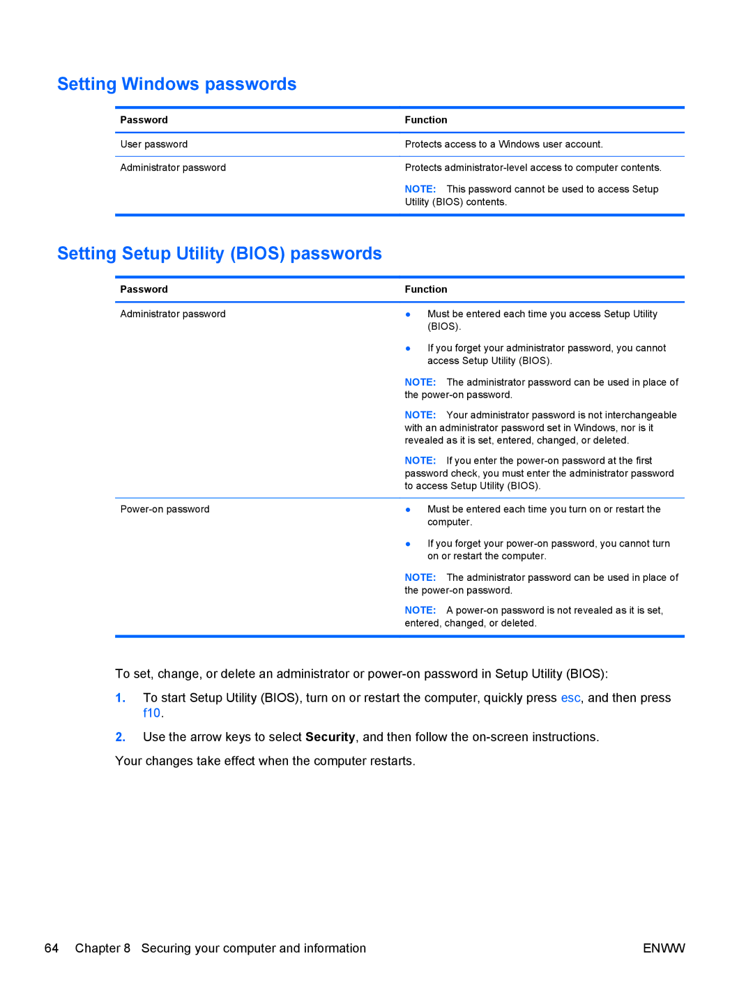 HP 13 x2 Pro manual Setting Windows passwords, Setting Setup Utility Bios passwords 