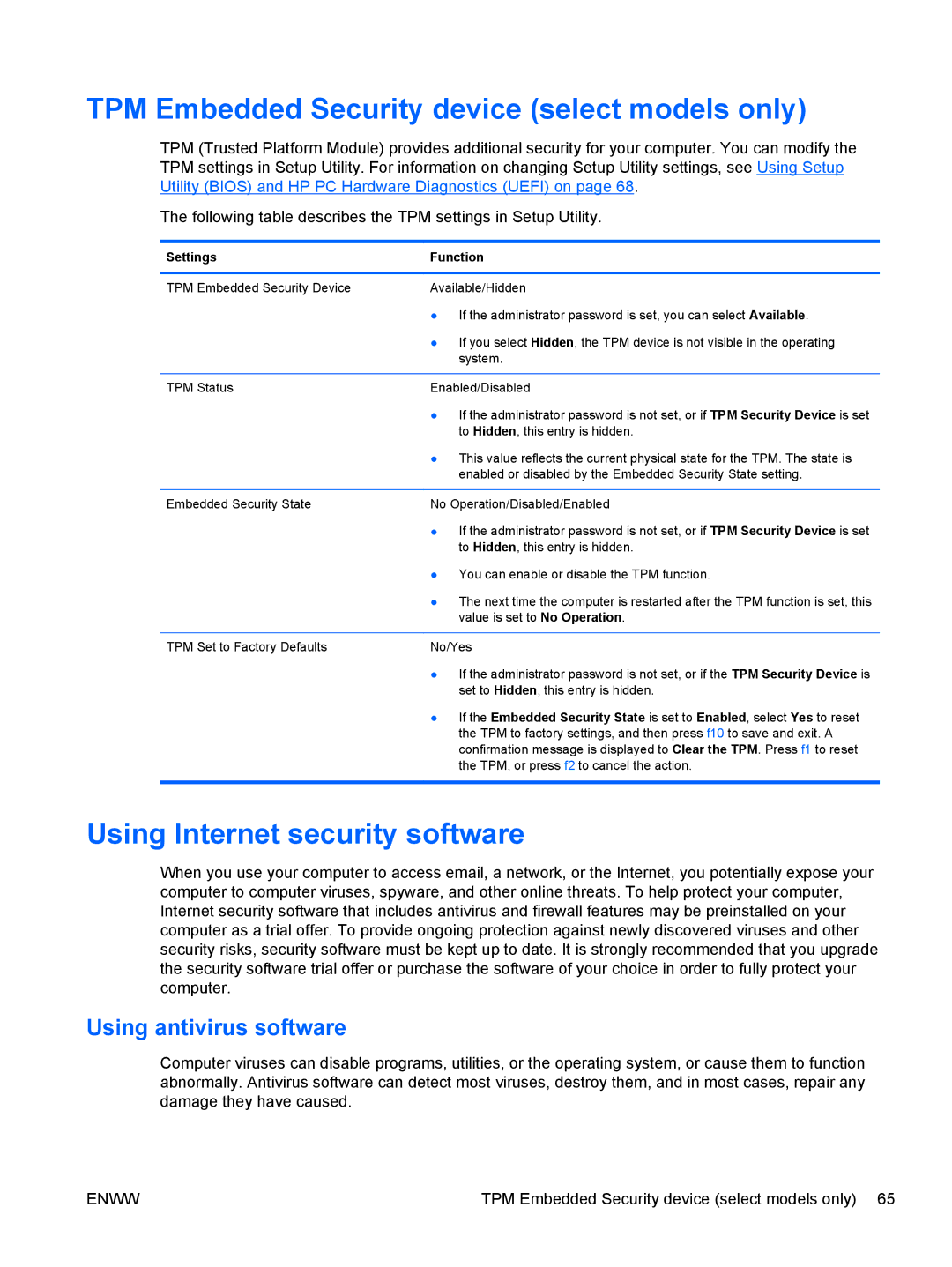 HP 13 x2 Pro TPM Embedded Security device select models only, Using Internet security software, Using antivirus software 