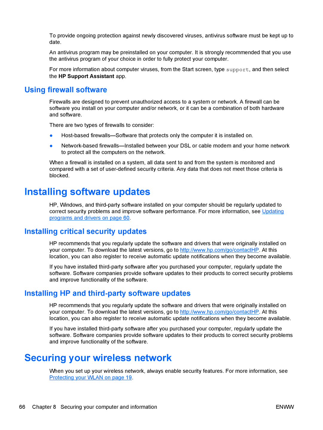 HP 13 x2 Pro manual Installing software updates, Securing your wireless network, Using firewall software 