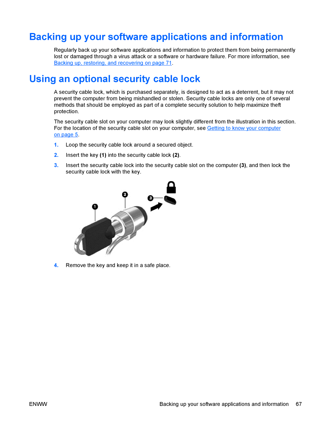 HP 13 x2 Pro manual Backing up your software applications and information, Using an optional security cable lock 