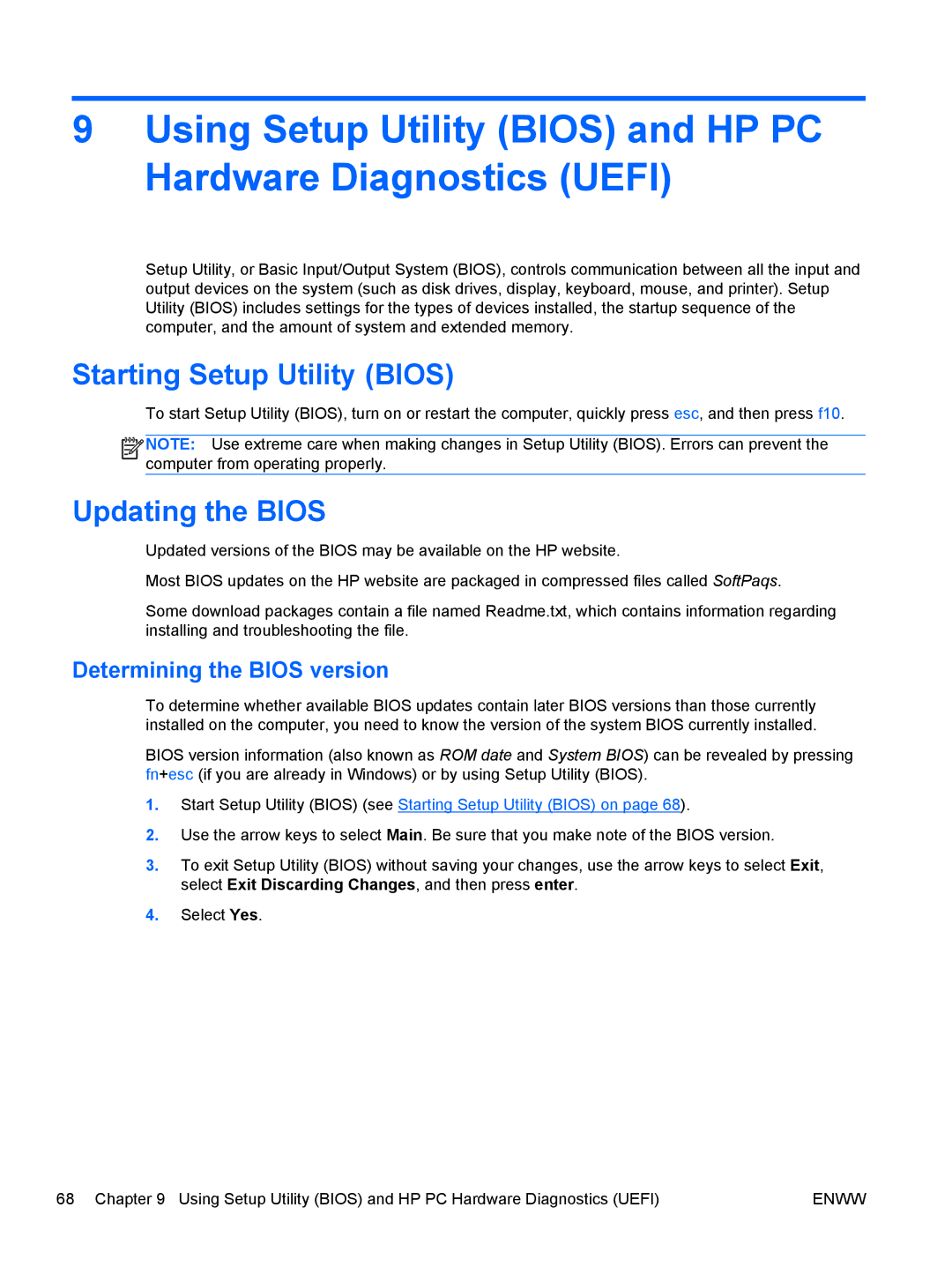 HP 13 x2 Pro manual Starting Setup Utility Bios, Updating the Bios, Determining the Bios version 