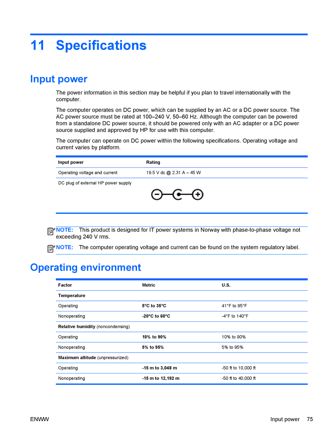 HP 13 x2 Pro manual Specifications, Input power, Operating environment 