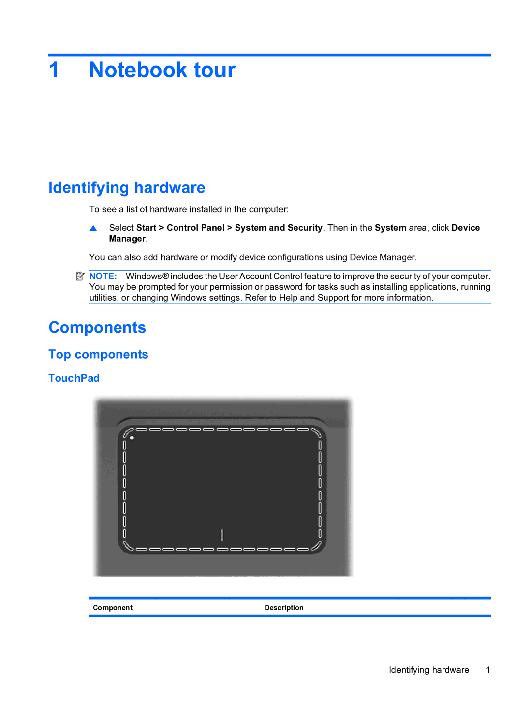 HP 13 manual Identifying hardware, Components, Top components, TouchPad 